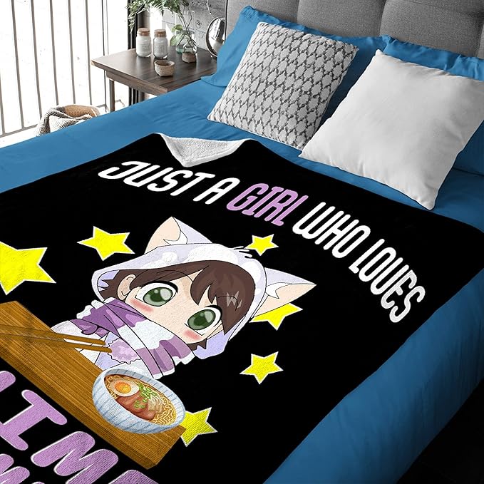 Microfiber Flannel Throw Blanket Just A Girl Who Loves Anime and Ramen Super Soft Cozy Lightweight Summer Quilt Perfect for Bed Sofa-80"x60" Large for Adult