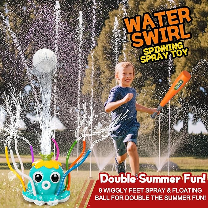 Water Sprinkler Baseball Toy for Kids Outdoor Play – 2-in-1 Splash Game with Bat & Balls, Backyard Summer Water Toys for Toddlers and Children, Fun Lawn Activities for Boys Girls Ages 3-12