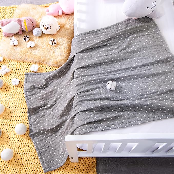 NTBAY 3 Layer Toddler Blanket, Muslin Cotton Jacquard Bed Blankets, Lightweight Thermal Baby Blanket, Super Soft and Warm Crib Blanket for All Seasons, Decoration Gift, 45"x60", Grey Dot
