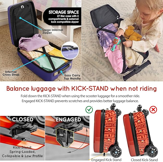 KIDDIETOTES Sesame Street 4-in-1 Detachable Scooter Luggage for Kids – Elmo – Ride-On Suitcase with Removable Luggage Body, Adjustable Handlebar, Durable Deck & Brake – Carry-On Travel Bag