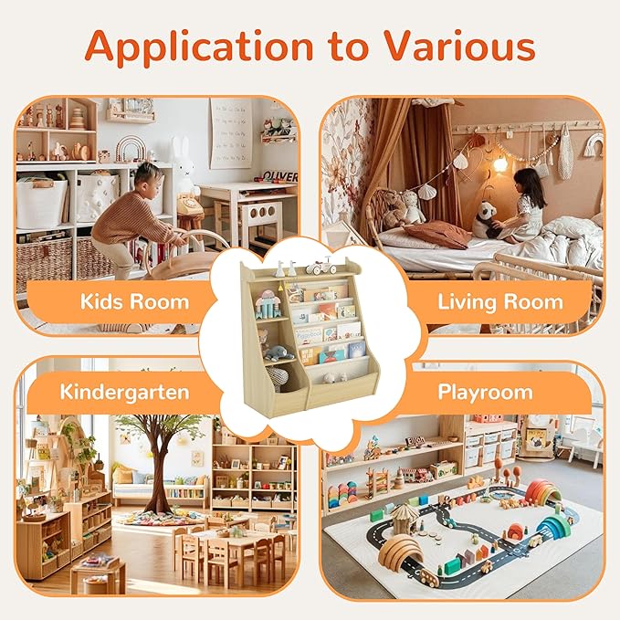 FKWin Bookshelf for Kids Room - 4 Tier Toddler Book Shelf with 5 Sling Pockets，Deer Design Nursery Storage Organizer for Books Nature