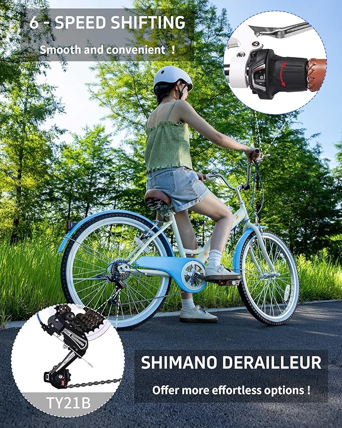 24 Inch 6-Speed Hybrid Beach Cruiser Bike for Girls Youth Ages Over 8 Years Old Kids Bicycle with Dual V-Brakes Adjustable Seat, Multiple Colors
