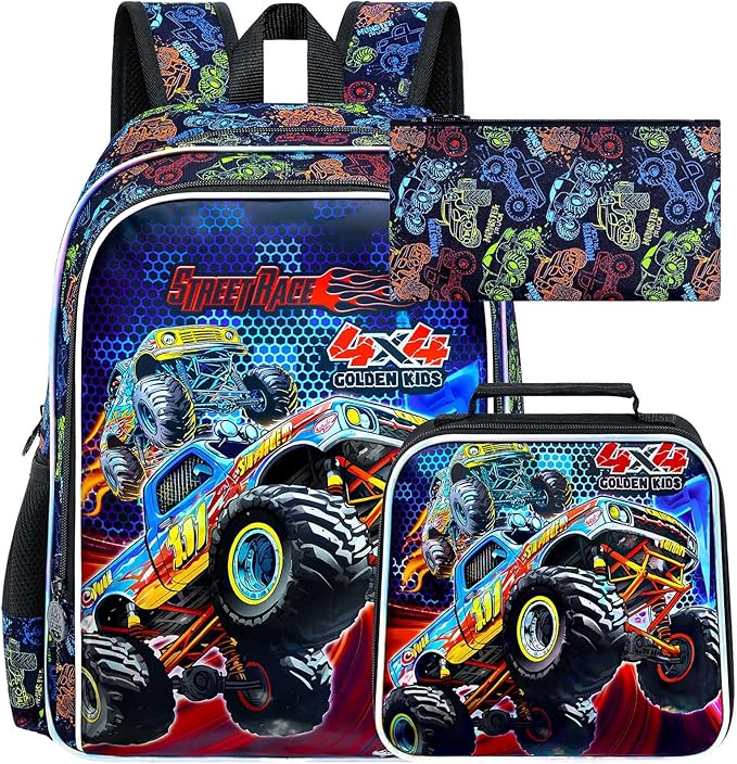 16" Monster Truck Backpack, 3Pcs Boy Bookbag for Elementary Preschool Kindergarten, Kids School Backpacks with Lunch Box (Black)