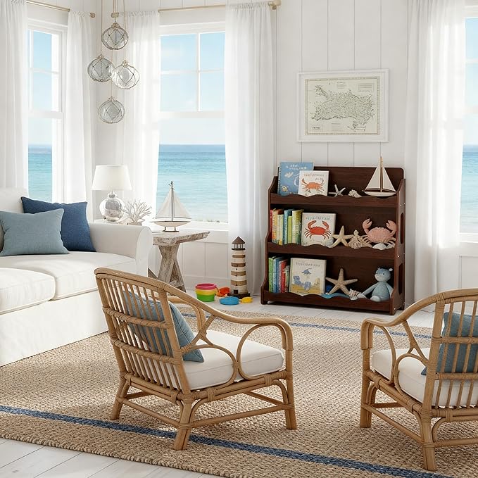 Kids Bookshelf Wooden Montessori Book Shelf Dutch Design 3Tier Scalloped,WalnutWood Pattern