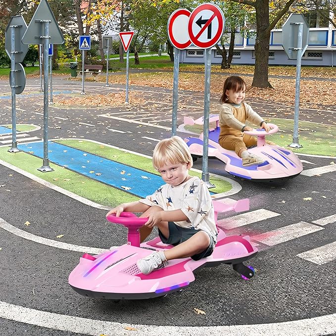 12V Electric Wiggle Car with Pedal for Kids, Rechargeable 2 in 1 Swing Car, Drifting Ride On Toys with Backrest, Anti-Rollover, Spray, Flashing Light, Music, for Ages 3 and Up, 150 Lbs (Pink)