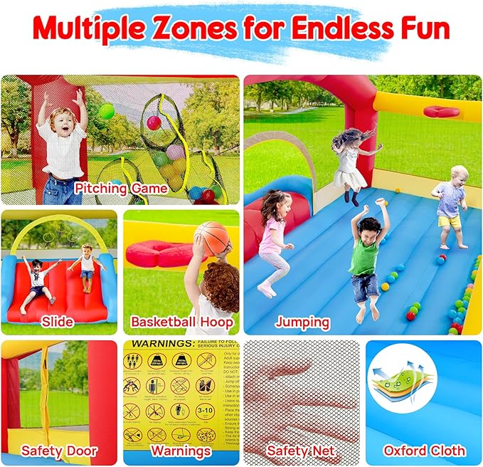 Inflatable Bounce House for Kids, 14.3 x 12.5 FT Bouncy Castle Jumper Slide with 520W Blower, Basketball Hoop, Throwing Ball Game, Ball Pits, Red