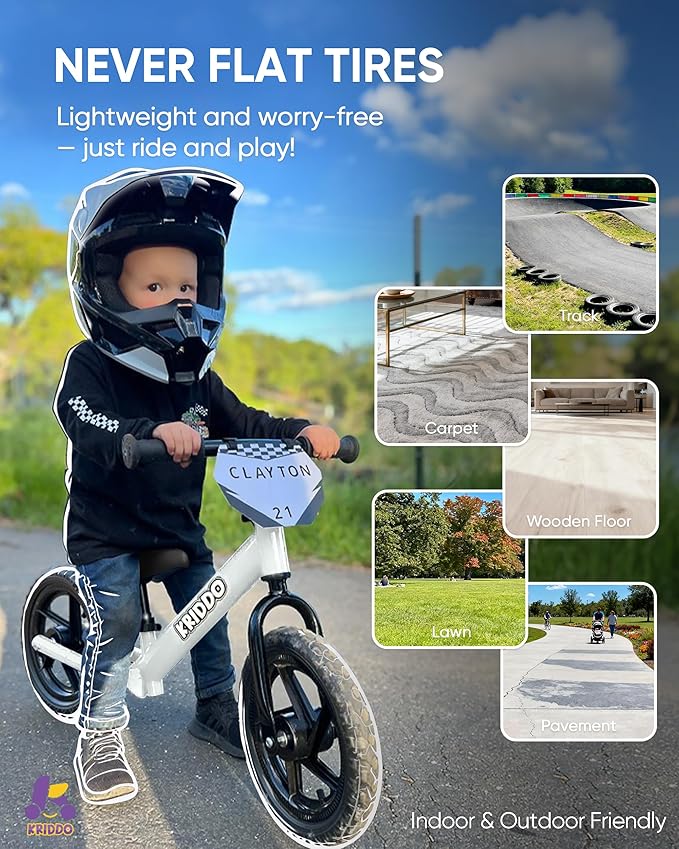 KRIDDO Toddler Balance Bike 2 Year Old, Age 24 Months to 5 Years Old, 12 Inch Push Bicycle with Customize Plate (3 Sets of Stickers Included), Gift Bike for 2-3 Boys Girls, White