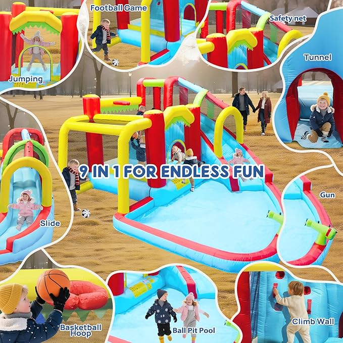 Inflatable Bounce House for Kids, Jumping Castle, Long Slide, Basketball, Funny Tunnel, Soccer, Climbing Wall, Kids Jumper Included Blower