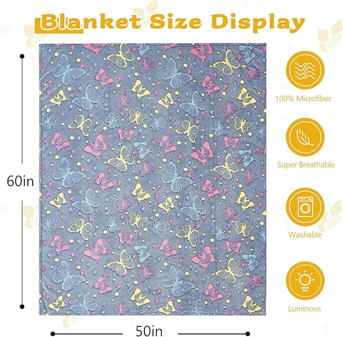 QSTEHEML Butterfly Glow in The Dark Blanket,Butterfly Gifts Toys for Kids Girls Age 3-12 Years Old, Birthday, for Daughter, Toddler, Teen, and Grandkids Soft Throw 50"×60"