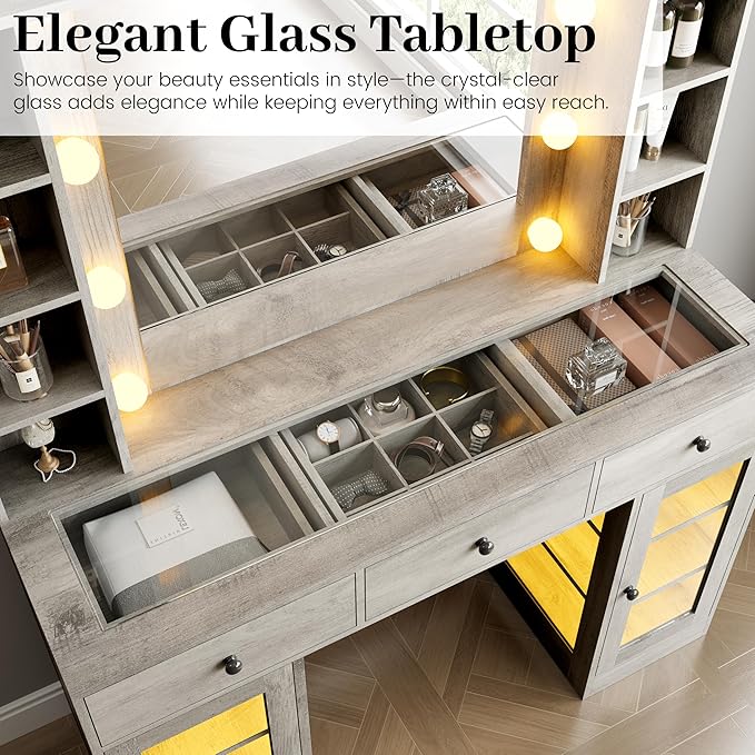 Makeup Vanity with Mirror and Lights, 43'' Wide Dressing Table with Storage Drawers, Open Shelves & Power Outlet, Vanity Desk with RGB Cabinet & Glass Top for Girls Bedroom, Living Room, Grey
