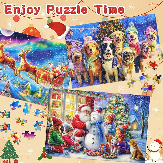 100 Piece Christmas Puzzles for Kids Ages 4-6, 4 Pack Jigsaw Puzzles for Kids Ages 6-8, Christmas Cats Dogs Snowman Sleigh Xmas Gifts for Boys and Girls Learning Educational Holiday Puzzles 5-8 8-10