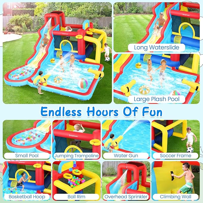 Water Slide Bounce House with Blower, Kids Inflatable Water Slide Park Indoor Outdoor Fun Wet Dry Combo Bouncy House Castle w/Splash Pool, Climbing Wall, Cannon, Basketball Hoop, Football Gate