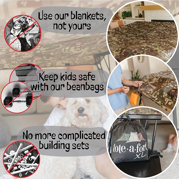 Tote a Fort Camo Blanket Fort Building Kit for Kids, 4 Blanket TOTEAFORT Toy, Make a Portable Playhouse, Play Tent Boy and Girl Indoor Outdoor Build Set, STEM Children Toy, Ages 4, 8, 12 +