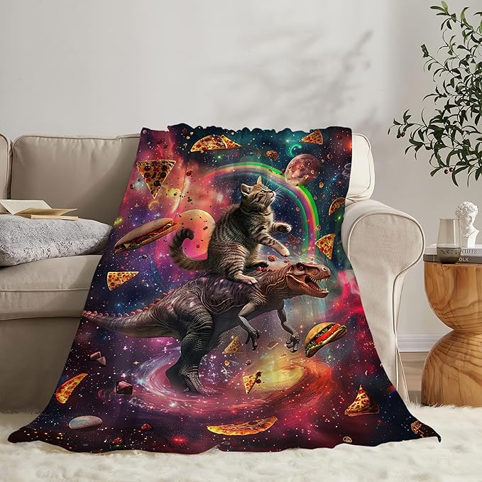 Dinosaur Cat Throw Blanket Funny Hamburger Pizza Dinosaur Cat Stuff Gifts for Kids Girls Boys Adults Women Man Soft Cozy Warm Plush Fluffy Fuzzy Fleece Blanket Decorr 60''X80''