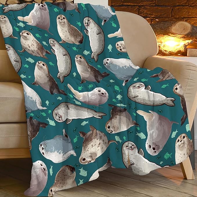 Seal Throw Blanket Ocean Seal Stuff Gifts for Kids Girls Boys Adults Women Men Soft Cozy Warm Plush Fluffy Fuzzy Fleece Blanket Decor 50''X60''