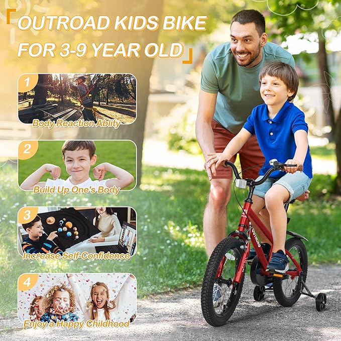 Outroad Kids Bike for Boys Girls Age 3-9 Years Old, 14 16 18 Inch Kid's Bike with Training Wheels, Children Bicycles for Toddler, Blue and Red
