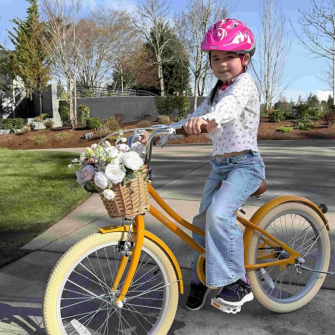 Glerc Little Molly 12-20 Inch Kids Retro Cruiser Bike for 2-13 Year Old with Wicker Basket & Training Wheels/Kickstand, Multiple Colors