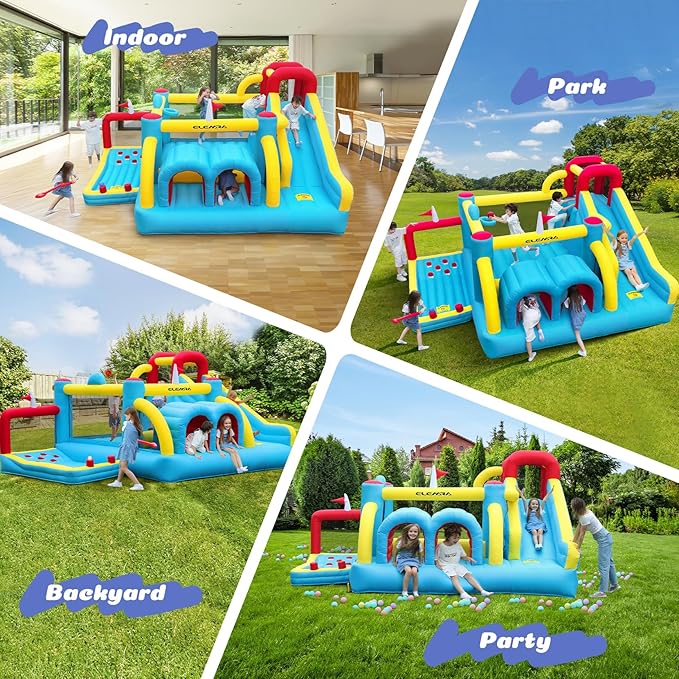 ELEMARA 7 in 1 Inflatable Bounce House, 15x12’XL Golf Inflatable Bouncer with Blower, Bounce House with Slide,Golf Area, Double Tunnels,Climbing Wall, Jumping Castle, Holds 6 Kids