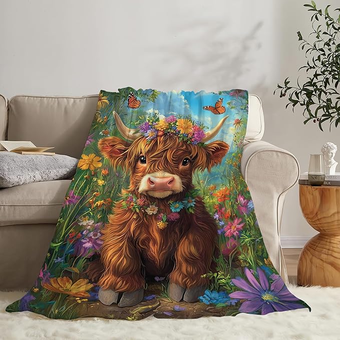 Highland Cow Throw Blanket Highland Cattle Stuff Gifts for Kids Girls Boys Adults Women Man Soft Cozy Warm Plush Fluffy Fuzzy Fleece Blanket Decor 50''X60''