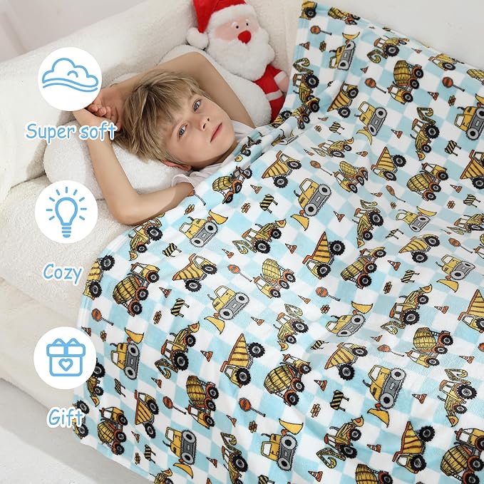 Softan Kids Throw Blanket for Girls & Boys, Warm Soft Toddler Fleece Blankets for Sofa Couch Bed， Cozy Fuzzy Plush Flannel Kids Throw Blanket for Daycare & School - Excavator 50x60 inches