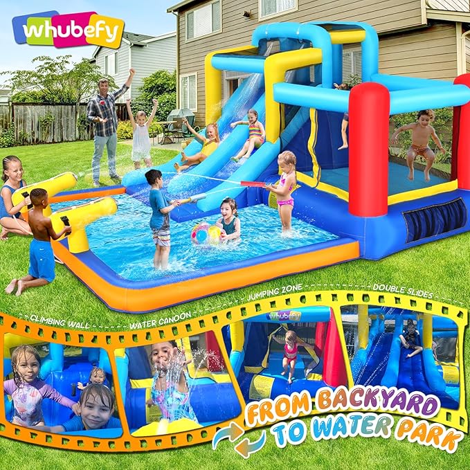 Whubefy Inflatable Water Slide Bounce House for Kids Backyard Blow Up Dual Racing Slides Water Park with Blower, Overhead Sprinkler, Splash Pool, Water Cannon, Climbing Wall for Indoor Outdoor Fun
