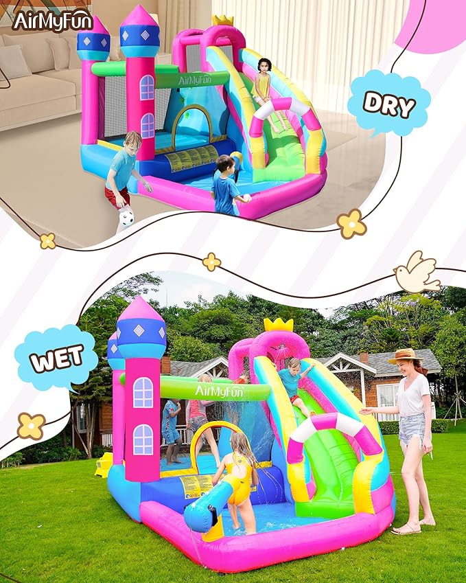AirMyFun Inflatable Water Slide Pink Princess Bounce House for Big Kids 8-12 with Long Slide and Spray Water Gun for Kids Backyard Inflatable Bouncy Castle