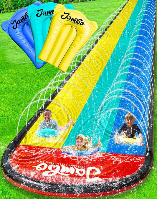 JAMBO XL 20Ft Premium 3 Lane Slip Splash and Slide with 3 Bodyboards, Heavy Duty Water Slide- Advanced 3-Way Water Sprinkler System, Backyard Waterslide Outdoor Water Toys n Slides for Kids Splash Pad