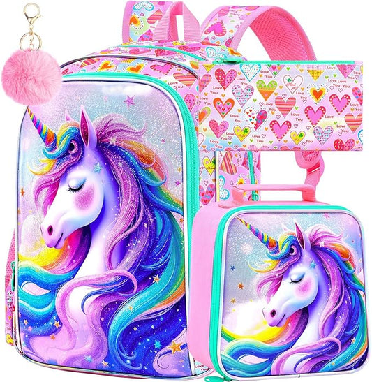 CCJPX 3Pcs Unicorn Backpack, 16” Kids Girls Bookbag with Lunch Box, Water Resistant Elementary School Bag for Kindergarten Preschool Toddler (Pink)