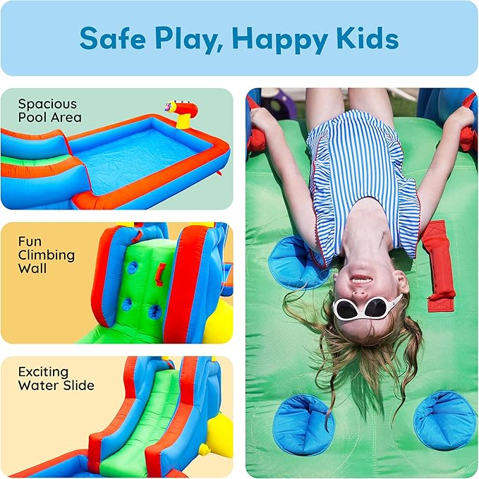 PicassoTiles KC108 Water Slide Park Inflatable Bouncing House w/Pool Area (Splash Zone), Climbing Wall, Shower Head Sprays Mounts, Water Cannon Mount and Heavy Duty GFCI ETL Certified 385W Blower