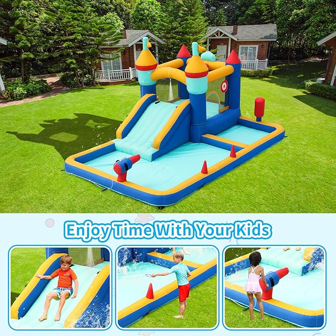 TABU Bounce House with Slide, Inflatable Castle with Splash Pool Water Cannons, Outdoor/Indoor Bouncy House with Air Blower, Ball Pit, for Kids Aged 3-12(177.2x124x88.6in)