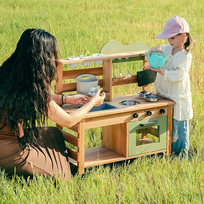ROBUD Outdoor Play Kitchen for Kids, Wooden Kids Mud Kitchen Set with Removable Sink, Planting Cup, Oven, Chalkboard, Utensils & Storage, Green Outdoor Playset for Ages 3+