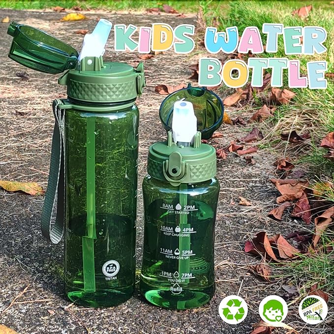 OLDLEY 17oz Kids Water Bottle for school Girls Boys, Motivational Water Bottles With Silicone Straw, Leak-Proof Tritan BPA-Free, Reusable water bottles for kids, Jade