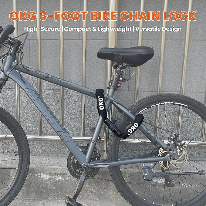 OKG Bike Chain Lock - 3ft, 1/4 Inch Thick Cut-Proof Chain, Hardened Alloy Steel Anti-Theft Bike Lock with 2 Keys & Protective Sleeve for Bike, Moped, Scooter, Gate, Fence