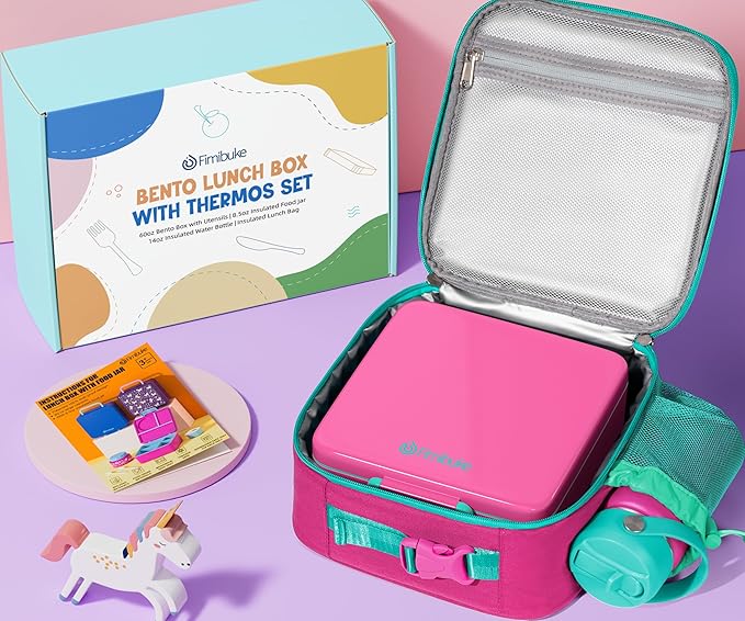 Fimibuke Bento Box for Kids Adult - Leakproof 3-4 Compartments Lunch Bento Box Set with Insulated Food Jar, Water Bottle, Lunch Bag, Sauce Cup & Cutlery for Toddler Teen Shcool Girl Boy Age 3+