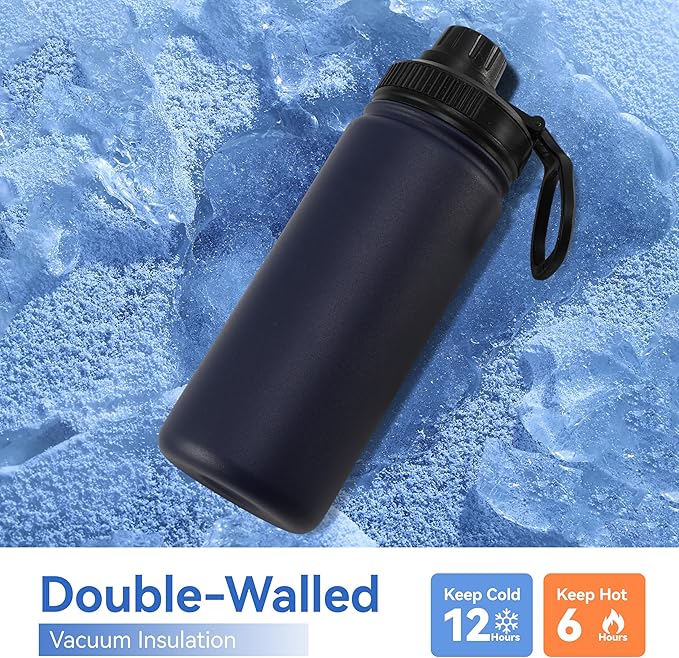 DOMICARE 16 oz Water Bottle Stainless Steel Double Wall Vacuum Insulated Water Bottle with Straw lids & Spout Lid, Leakproof