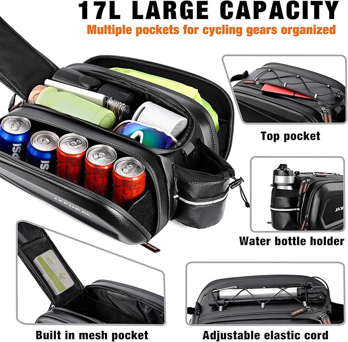 JXFUKAL Bike Bags for Bicycle Rear rack - 9.5L/17L/40L Hard Shell Waterproof Bike Ebike Trunk Pannier Saddle Seat Bag Carrier with Reflector, Rain Cover & Shoulder Strap for Commuter Travel Outdoor