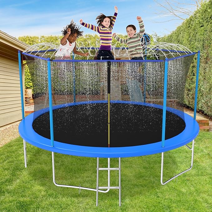 10FT/12FT/14FT Outdoor Trampoline for Kids and Adults - Trampoline with Basketball Hoop & Sprinkler - Anti Rust - ASTM Approved - Blue