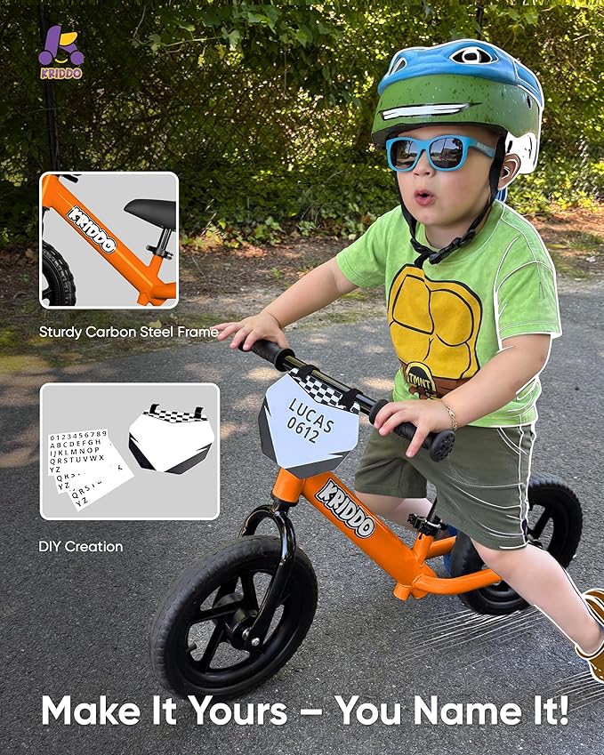 KRIDDO Toddler Balance Bike 2 Year Old, Age 18 Months to 5 Years Old, 12 Inch Push Bicycle with Customize Plate (3 Sets of Stickers Included), Gift Bike for 2-3 Boys Girls, Orange