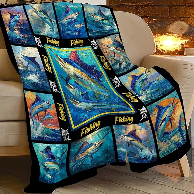 Fish Throw Blanket Fishing Marlin Stuff Gifts for Kids Girls Boys Adults Women Men Soft Cozy Warm Plush Fluffy Fuzzy Fleece Blanket Decor 50''X60''