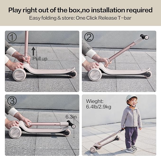 Kids Kick Scooter with Front Wheel Adjustable Steering Angle Control System, 3 Wheel Scooter for Kids Ages 3-18, Max 220 lbs 35.4" T-bar, One-Piece Brake, 3 LED Light Wheels, Scooter for Teens Adults