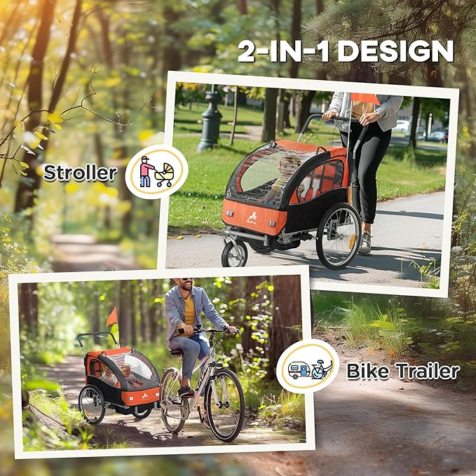Aosom Elite 360 Swivel Bike Trailer for Kids Double Child Two-Wheel Bicycle Cargo Trailer with 2 Security Harnesses