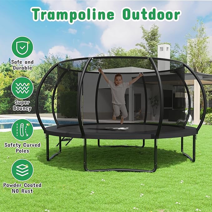 Polar Aurora 10FT 12FT 14FT 16FT Outdoor Trampoline with Safety Enclosure Net, Thickened Spring Pad，ASTM Approved Recreational Trampoline for Kids and Adults,Anti-Rust Coated Frame and Thickened Mat