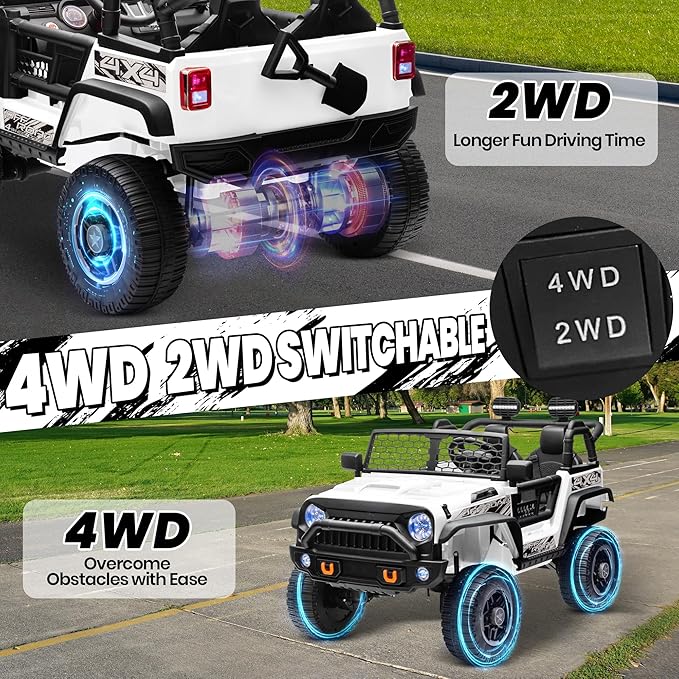 JOYRACER 24V 2 Seater Ride On Toys for Big Kids, 800W Power Truck Wheels with Remote Control, 4WD/2WD Switchable, 20" Spacious Seat, Soft Start, Bluetooth, Electric Car for Kids Ages 3-8, White