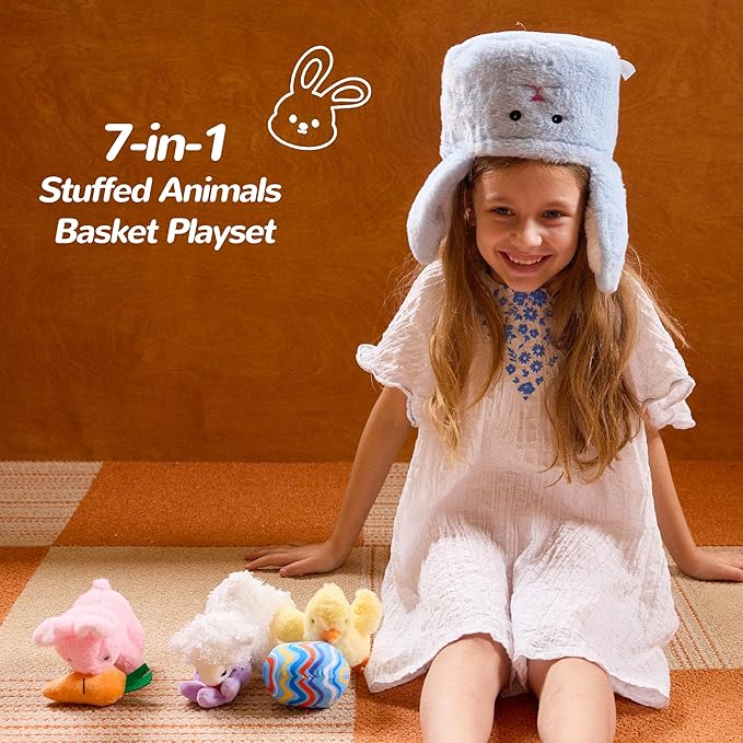 7 Piece Plush Stuffed Animals Playset Toys with Rabbit, Chick, Lamb, Carrot, Egg, Flower, Furry Bag, Soft Basket Set Toys for Girls Kids Ages 3+, Birthday Christmas Valentines Easter Party Favors
