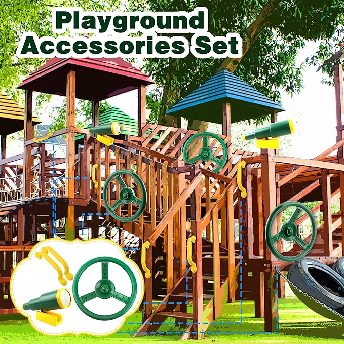 Playground Accessories Swingset Plastic Pirate Ship Steering Wheel Safety Handles Telescope for Kids Outdoor Playground Treehouse Jungle Gym Accessories (4 Pcs- Green,Yellow Set)