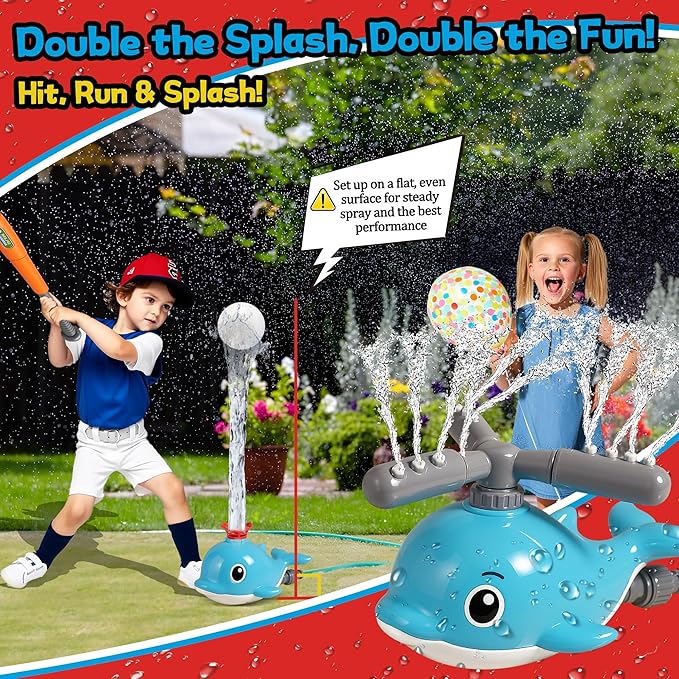 2 in 1 Water Sprinkler Baseball Toy Set for Kids – Whale Shaped Outdoor T-Ball Game & Spinning Splash Toy, Summer Backyard Water Play for Toddlers and Children Ages 3+