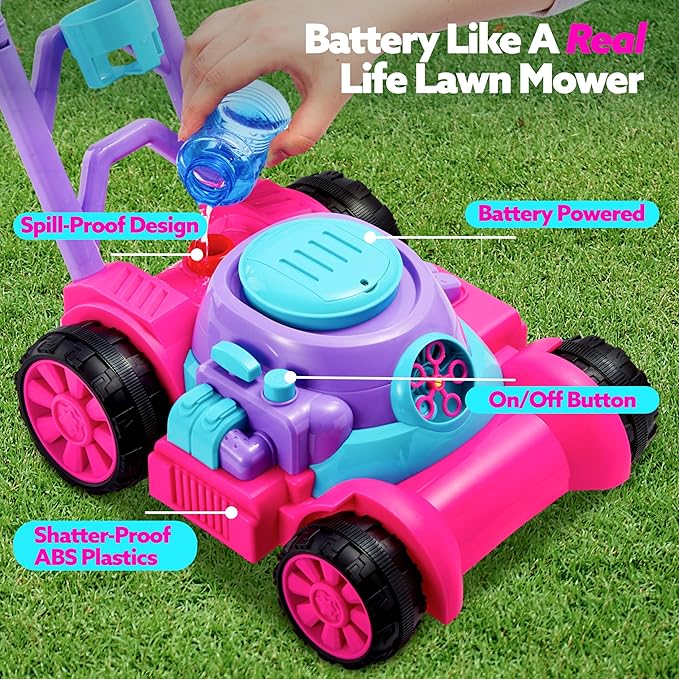 SLOOSH Bubble Lawn Mower Toddler Toys - Spill-Proof Bubble Machine Pretend and Play Toy for Toddler Age 1 2 3 1-3 Year Old Indoor Outdoor Use, Push Toys Baby Girl Xmas Christmas Birthday Gifts (Pink)