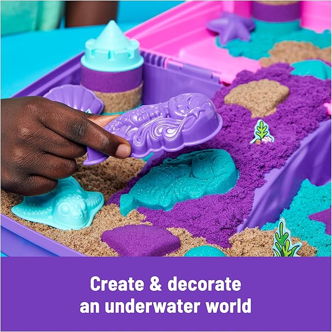 Kinetic Sand, Mermaid Palace Playset Folding Sandbox with 2.06lbs Play Sand (Neon Purple, Shimmer Teal & Beach), Tools, Sensory Toys, Holiday Gifts & Stocking Stuffers for Kids Ages 3 and up