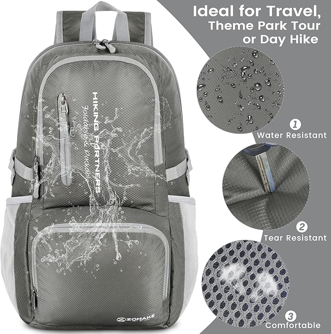 ZOMAKE Lightweight Packable Backpack - 35L Light Foldable Hiking Backpacks Water Resistant Collapsible Daypack for Travel(Dimgray)
