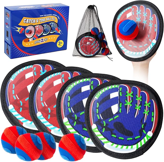 Playzap Toss and Catch Ball Set Ultra Soft Fabric Pain-Free - Family Games Christmas Stocking Stuffers Gift for Toddlers Kids Boys Girls 2-4 5-7 8-10 Yrs - Baseball Glove Toy Indoor Outdoor Yard Beach
